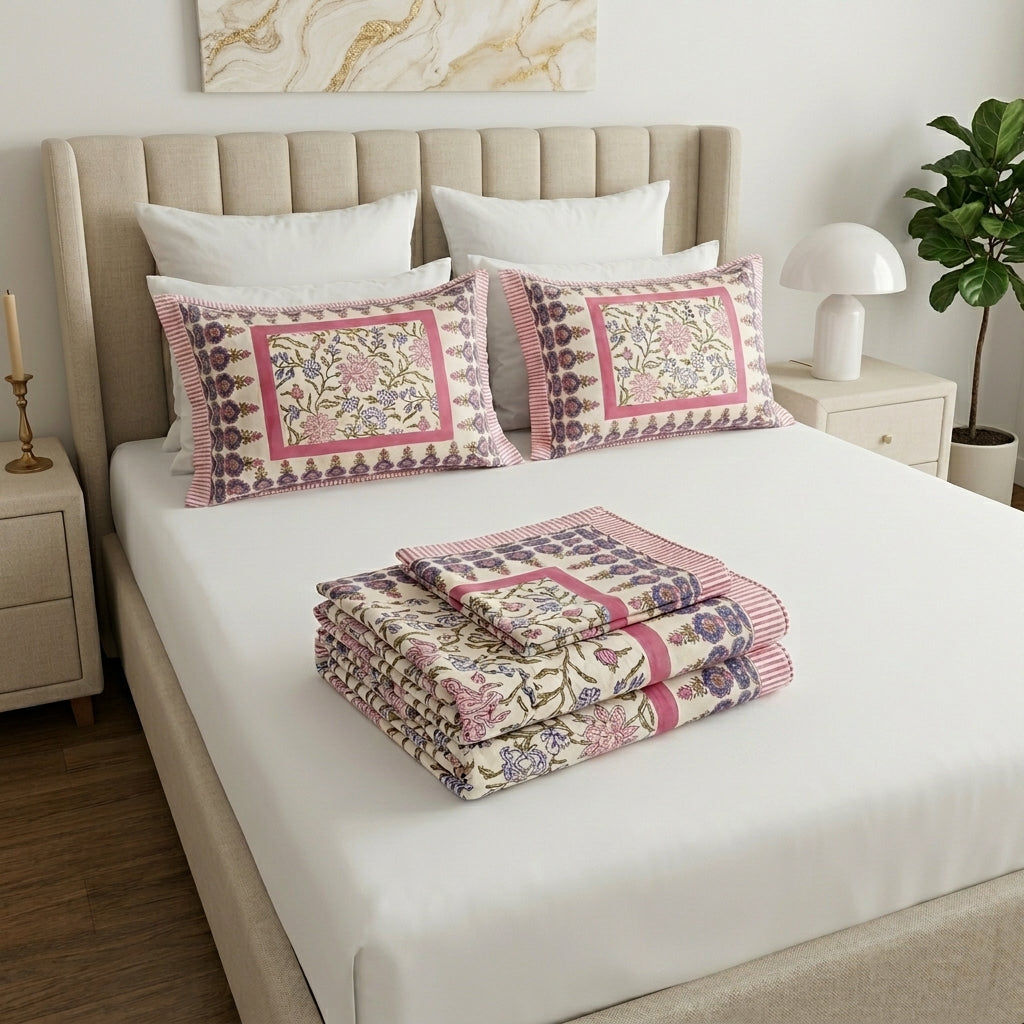 Cream & Pink Blue Floral Sanganeri hand block print cotton bedsheet set | Jaipur Indian hand block print bedsheet with pillow shams | House of Avana