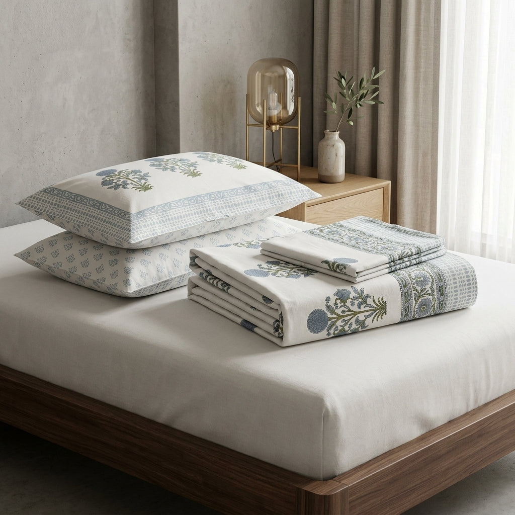 White & Grey Sage Green Buti Sanganeri hand block print cotton bedsheet set | Jaipur Indian hand block print bedsheet with pillow shams | House of Avana