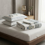 White & Grey Sage Green Buti Sanganeri hand block print cotton bedsheet set | Jaipur Indian hand block print bedsheet with pillow shams | House of Avana