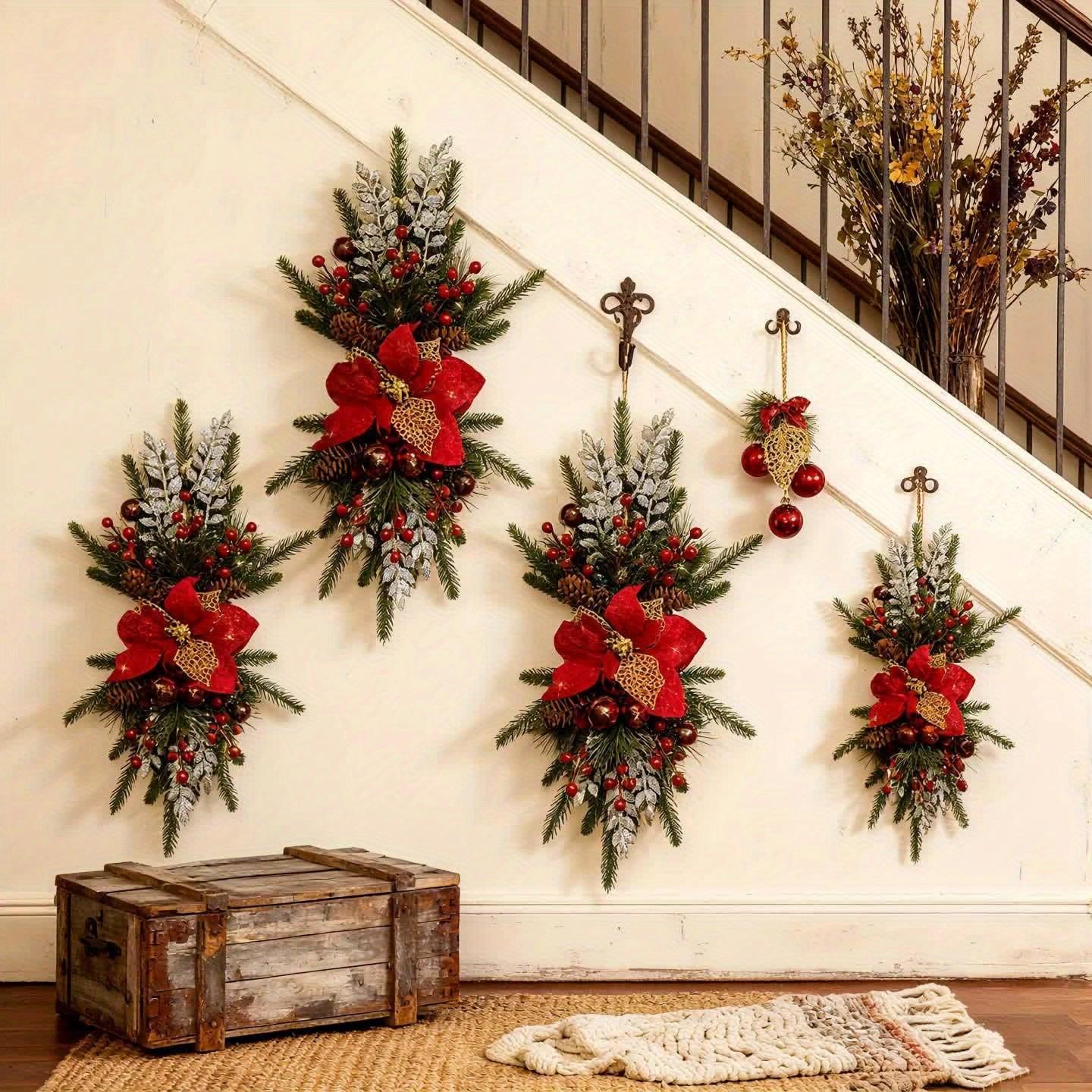 1-Pack 24-Inch Large Red & Christmas Garland with Poinsettias, Pine Cones, Berries & Bow - Stair Railing, Door, Wall Holiday Decorations - Plastic Faux Greenery Wreath for Xmas Tree-like Hanging (No Maintenance House Of Avana