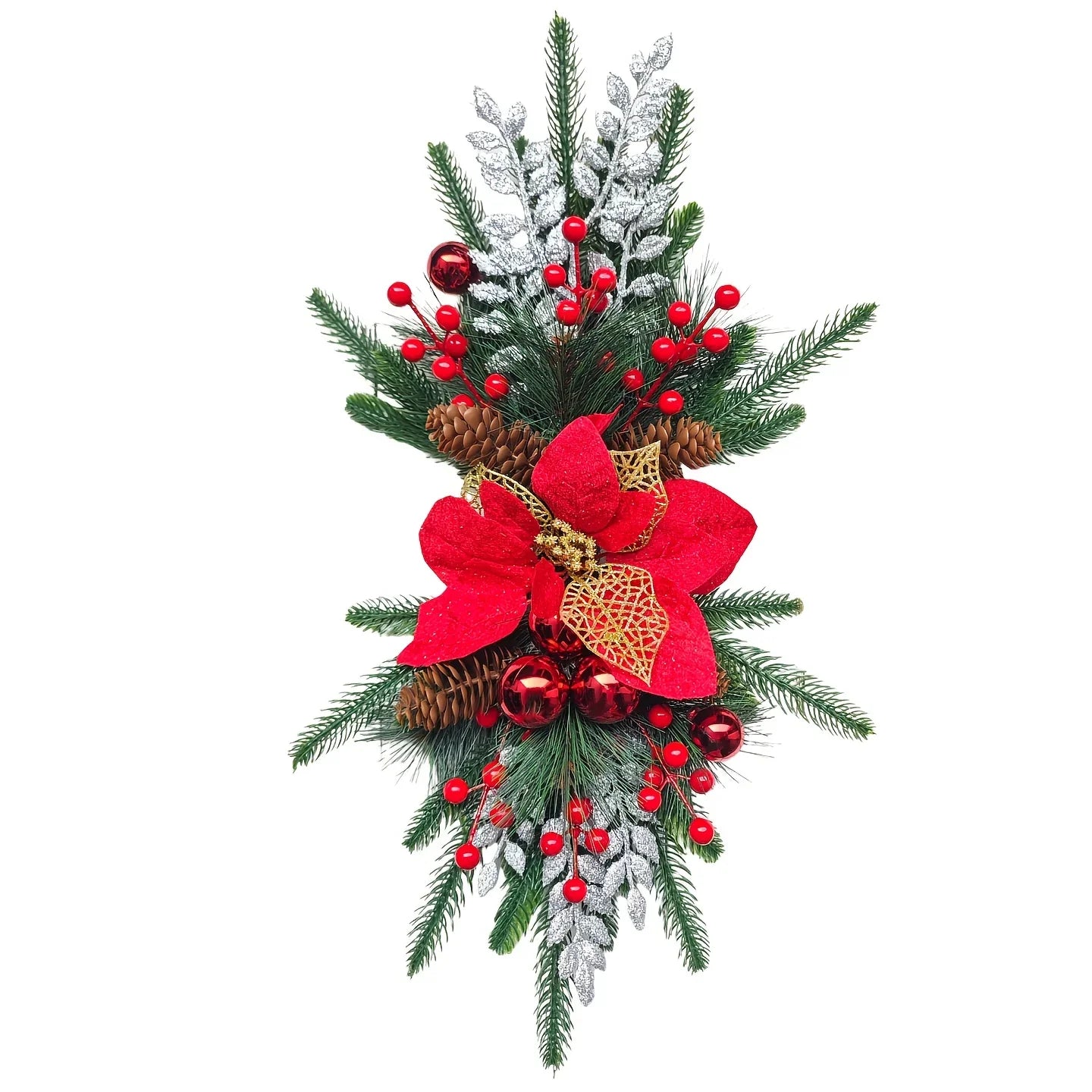 1-Pack 24-Inch Large Red & Christmas Garland with Poinsettias, Pine Cones, Berries & Bow - Stair Railing, Door, Wall Holiday Decorations - Plastic Faux Greenery Wreath for Xmas Tree-like Hanging (No Maintenance House Of Avana
