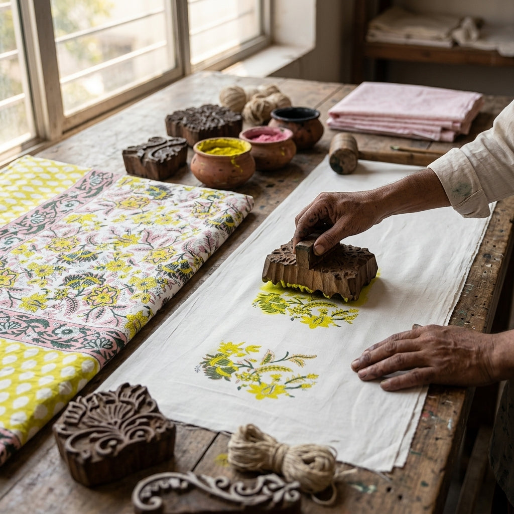 Cream & Mustard Yellow & Pink Floral Jaipur Indian hand block print floral quilted comforter | Jaipur Indian hand block print cotton muslin quilted comforter | Sanganer floral block print bedding | Queen King size quilt India | House of Avana