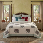 Cream & Grey Elephant Jaipur Indian hand block print elephant quilted comforter | Jaipur Indian hand block print cotton muslin quilted comforter | Sanganer elephant block print bedding | Queen King size quilt India | House of Avana [[SKU:HOA-COM-GYTL-034]]