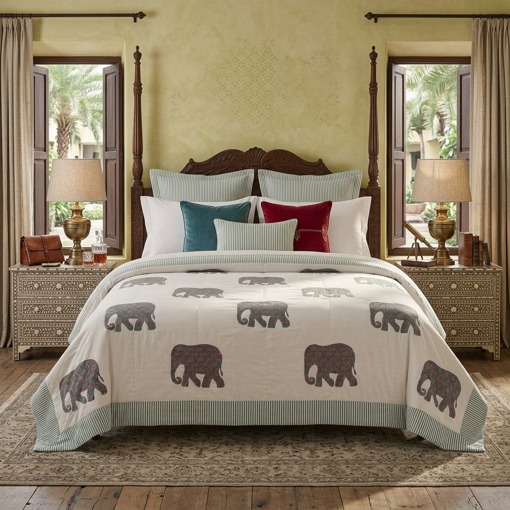 Cream & Grey Elephant Jaipur Indian hand block print elephant quilted comforter | Jaipur Indian hand block print cotton muslin quilted comforter | Sanganer elephant block print bedding | Queen King size quilt India | House of Avana