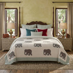 Cream & Grey Elephant Jaipur Indian hand block print elephant quilted comforter | Jaipur Indian hand block print cotton muslin quilted comforter | Sanganer elephant block print bedding | Queen King size quilt India | House of Avana