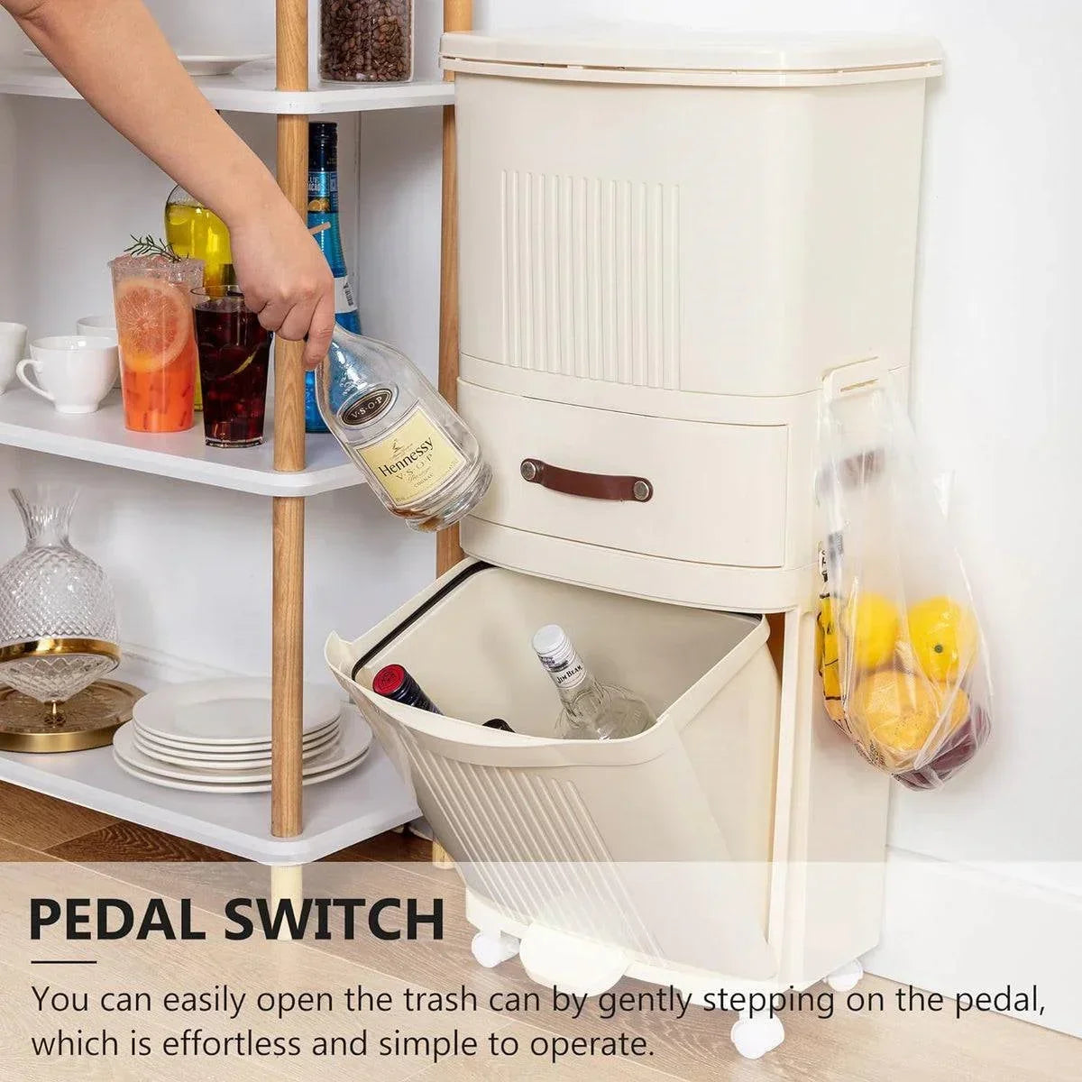 12-Gallon Elevated Trash Can Recycle Bin with Lid on Wheels in Cream