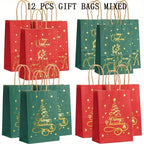 12-Pack Assorted Christmas Gift Bags with Golden Xmas Tree, Red & Green, Metallic & Textured Finish, Festive Party Favor Bags with Handles House Of Avana