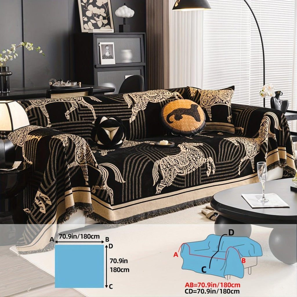 Luxurious Chenille Horse Design Sofa Cover Decor in Orange & Green topspet