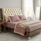 Cream & Dusty Pink Grey Paisley Sanganeri hand block print cotton bedsheet set | Jaipur Indian hand block print bedsheet with pillow shams | House of Avana