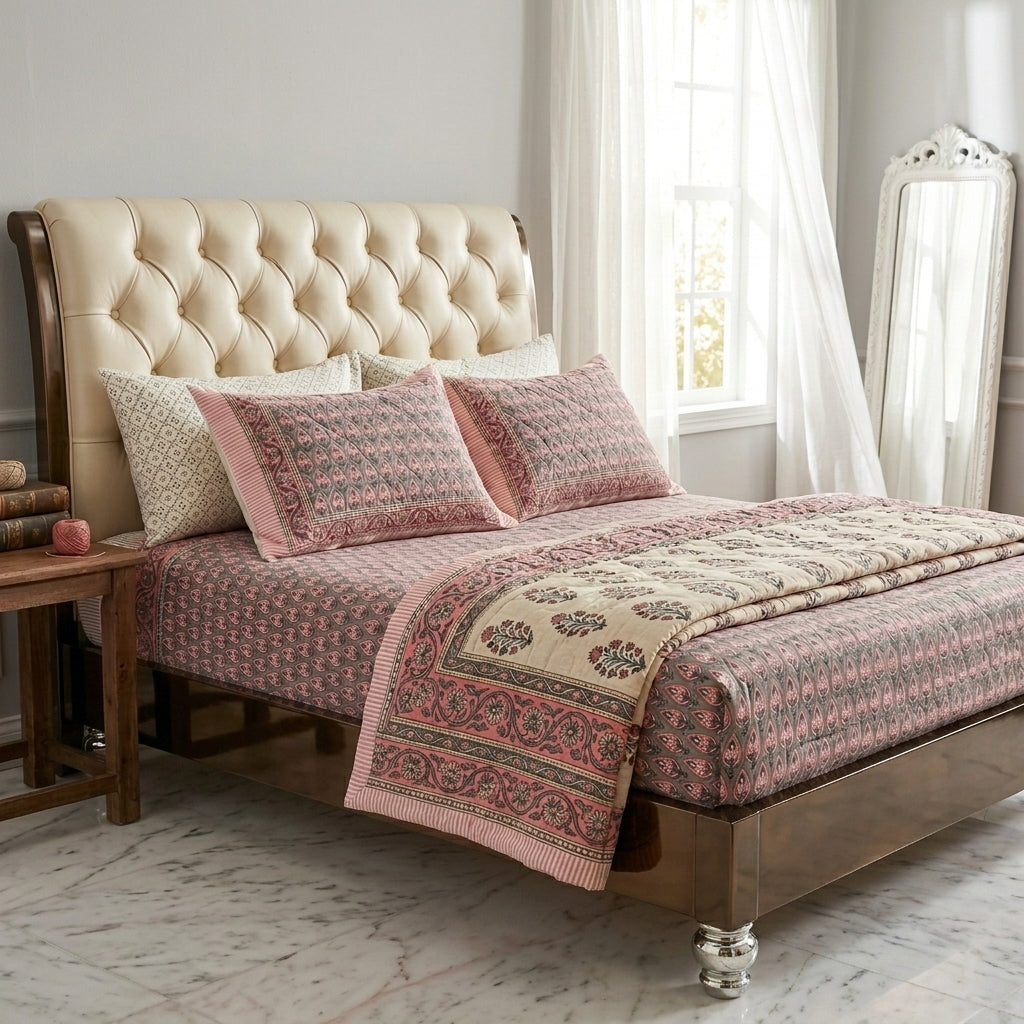 Cream & Dusty Pink Grey Paisley Sanganeri hand block print cotton bedsheet set | Jaipur Indian hand block print bedsheet with pillow shams | House of Avana