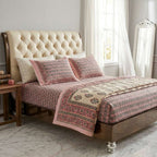 Cream & Dusty Pink Grey Paisley Sanganeri hand block print cotton bedsheet set | Jaipur Indian hand block print bedsheet with pillow shams | House of Avana [[SKU:HOA-IND-BS-DPGY-005]]