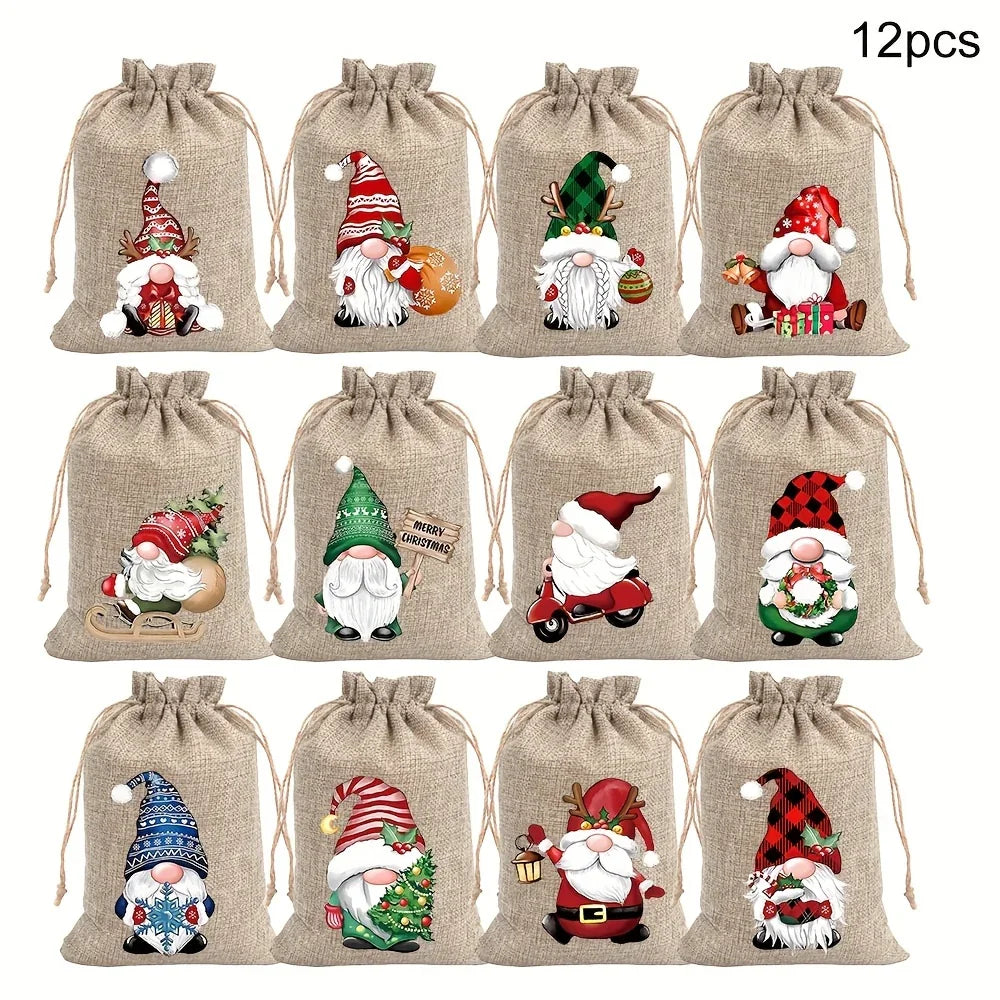 12pcs Christmas Linen Gift Bag Set, Santa Claus Drawstring Bags, Suitable for Holiday Party Gifts and Jewelry Storage, Perfect for Christmas and New Year Party Supplies House Of Avana