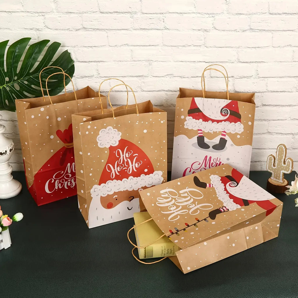 12pcs Festive Kraft Paper Tote Bags with Handles - Assorted Holiday Designs (Santa, Reindeer, Snowman, Christmas Tree) - Durable & Portable for Gift Wrapping, Party Favors, and Holiday Decorations, Christmas Decorations, Pape House Of Avana