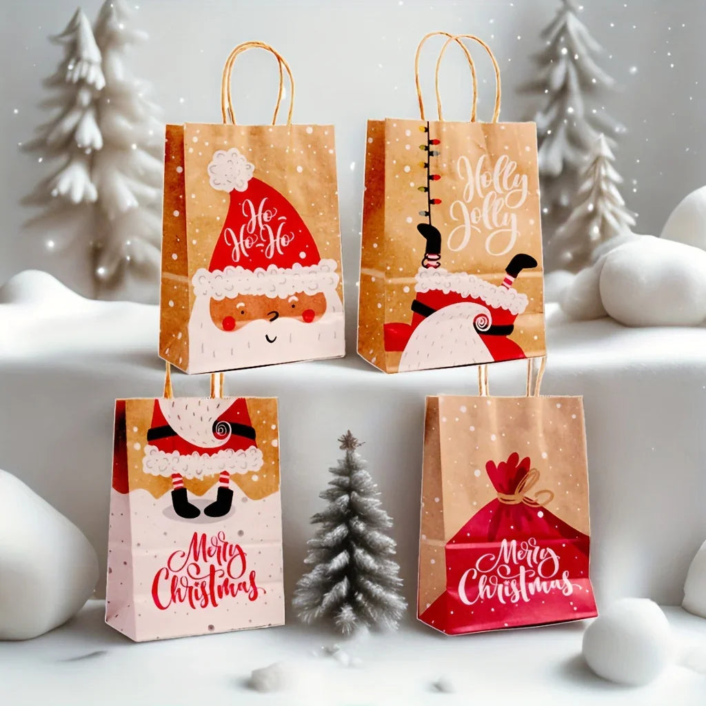 12pcs Festive Kraft Paper Tote Bags with Handles - Assorted Holiday Designs (Santa, Reindeer, Snowman, Christmas Tree) - Durable & Portable for Gift Wrapping, Party Favors, and Holiday Decorations, Christmas Decorations, Pape House Of Avana