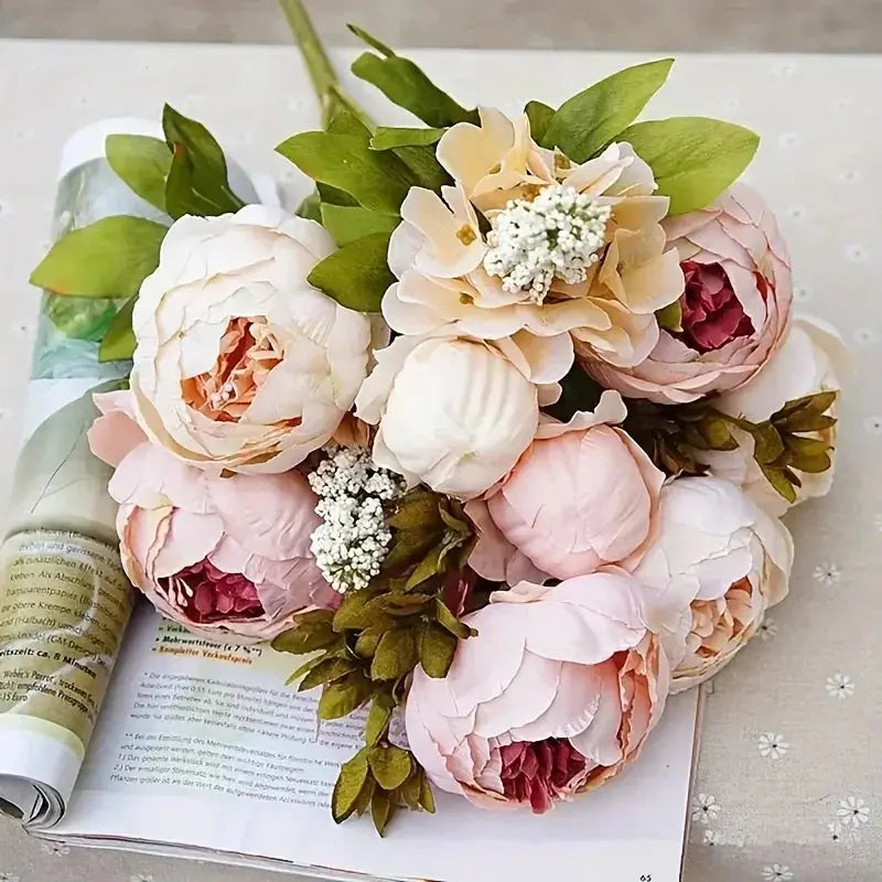 13 Branches Elegant Realistic Peony Silk Flower, Champagne Color - Lifelike Floral Decoration for Home... - House Of Avana