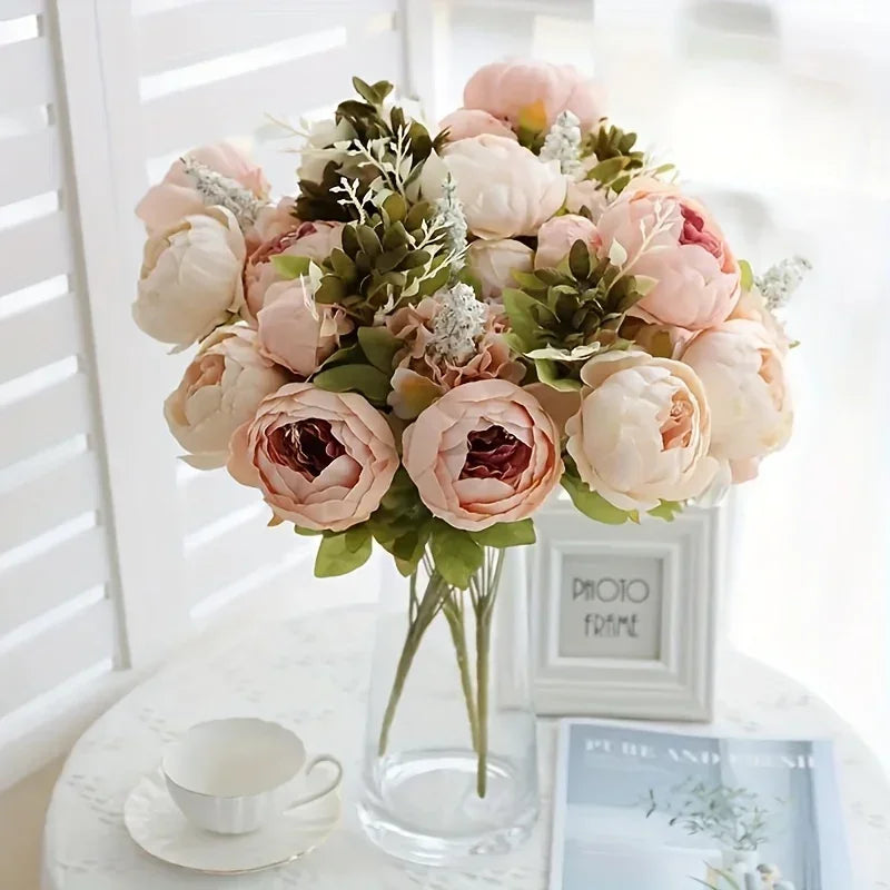 13 Branches Elegant Realistic Peony Silk Flower, Champagne Color - Lifelike Floral Decoration for Home... - House Of Avana
