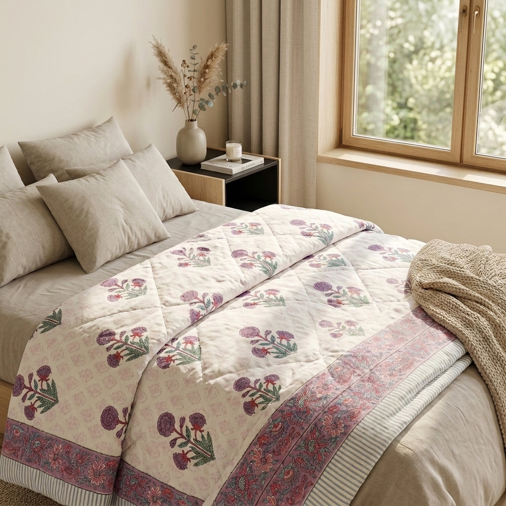 Cream & Purple & Blue Floral Jaipur Indian hand block print floral quilted comforter | Jaipur Indian hand block print cotton muslin quilted comforter | Sanganer floral block print bedding | Queen King size quilt India | House of Avana