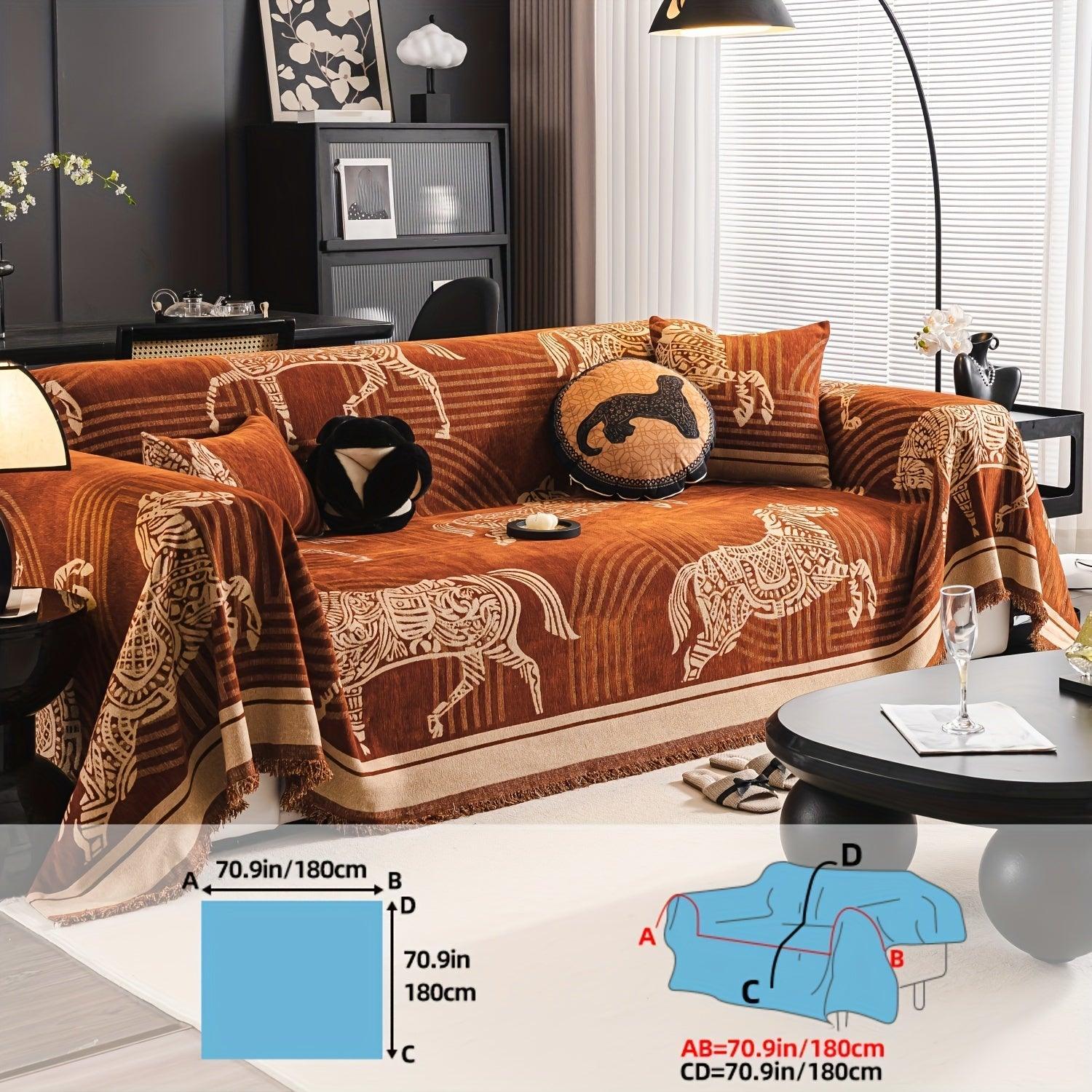 Luxurious Chenille Horse Design Sofa Cover Decor in Orange & Green topspet