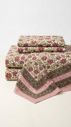 Cream & Magenta Pink Green Floral Sanganeri hand block print cotton bedsheet set | Jaipur Indian hand block print bedsheet with pillow shams | House of Avana