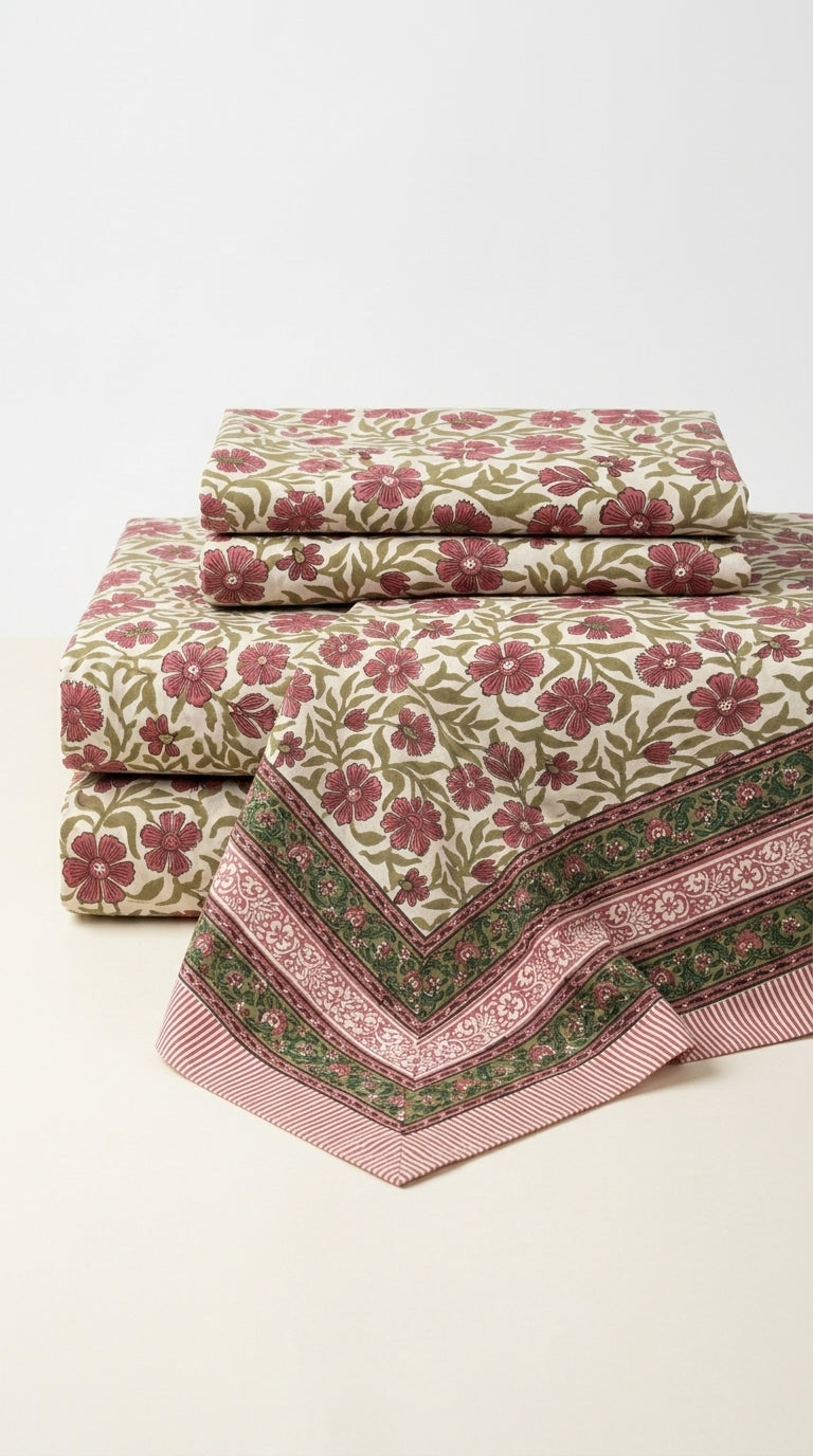 Cream & Magenta Pink Green Floral Sanganeri hand block print cotton bedsheet set | Jaipur Indian hand block print bedsheet with pillow shams | House of Avana