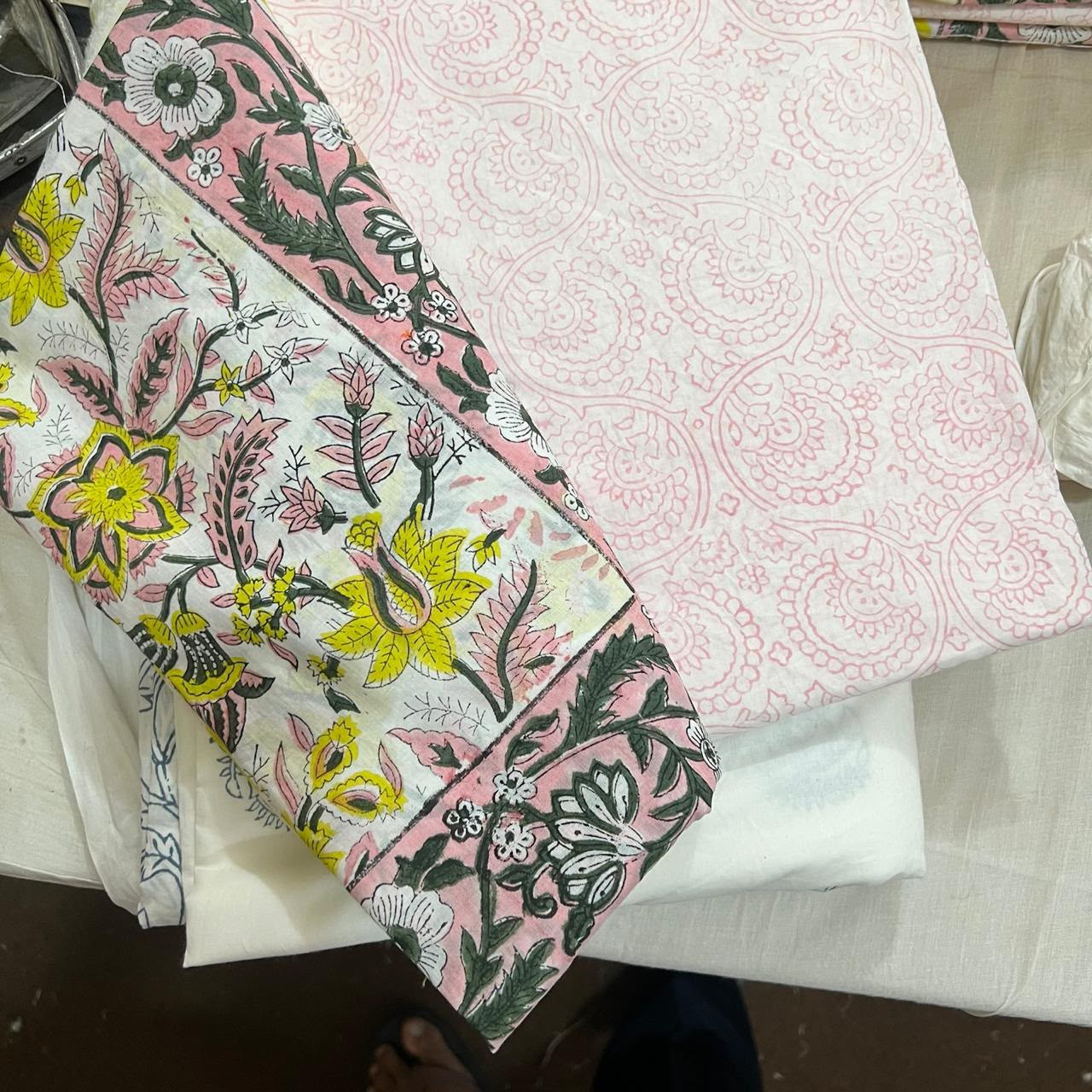 Cream & Mustard Yellow & Pink Floral Jaipur Indian hand block print floral quilted comforter | Jaipur Indian hand block print cotton muslin quilted comforter | Sanganer floral block print bedding | Queen King size quilt India | House of Avana