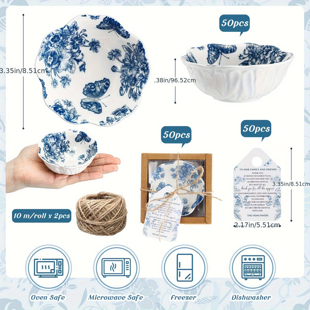Blue 50 Pack Wedding Favors for Guests Small Ceramic Bowls Bulk Gifts Set 3.3 Inch Floral Design Mini Dipping Bowl Sauce Dish with Cards Box for Party Shower Favor Souvenir Halloween Christmas House Of Avana