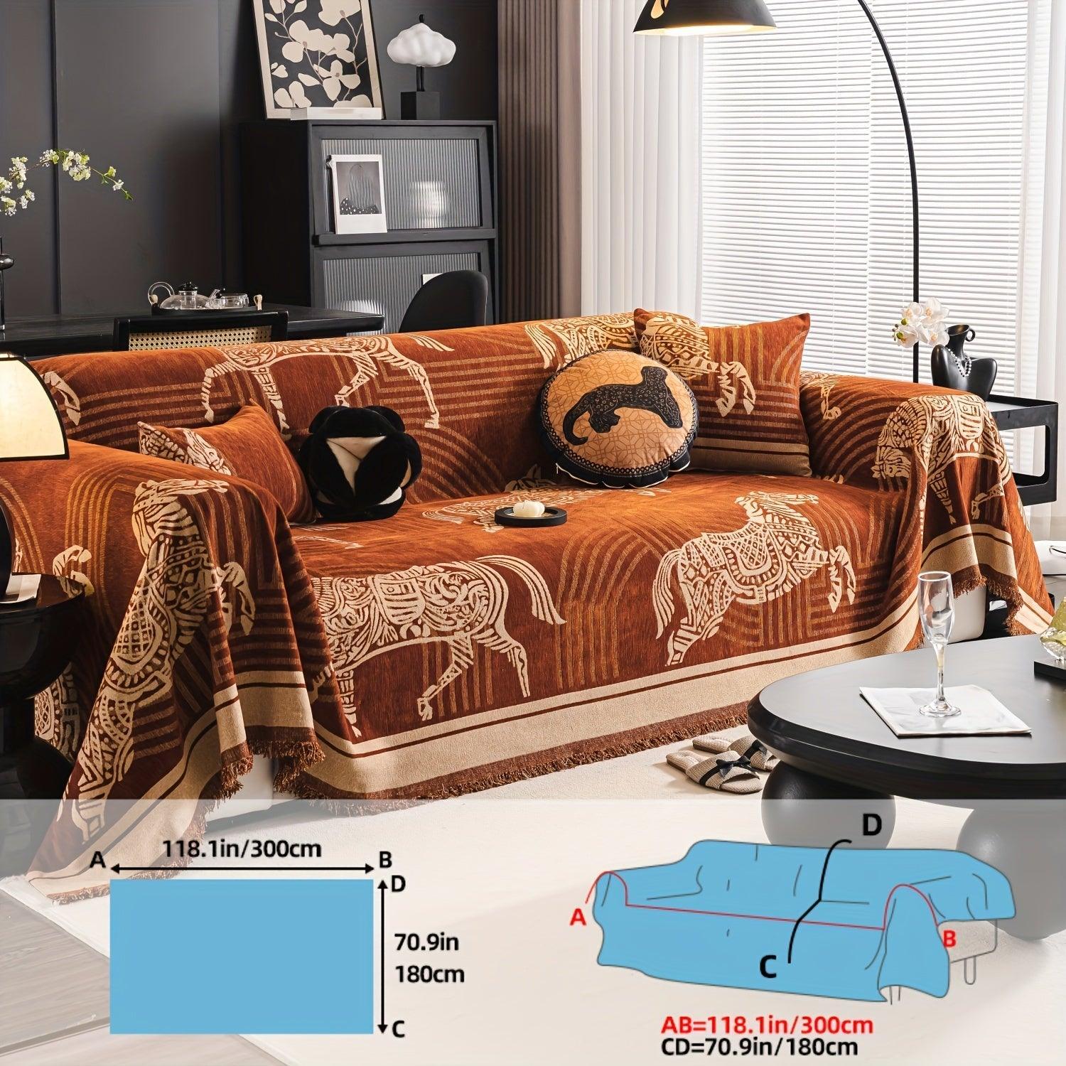 Luxurious Chenille Horse Design Sofa Cover Decor in Orange & Green topspet