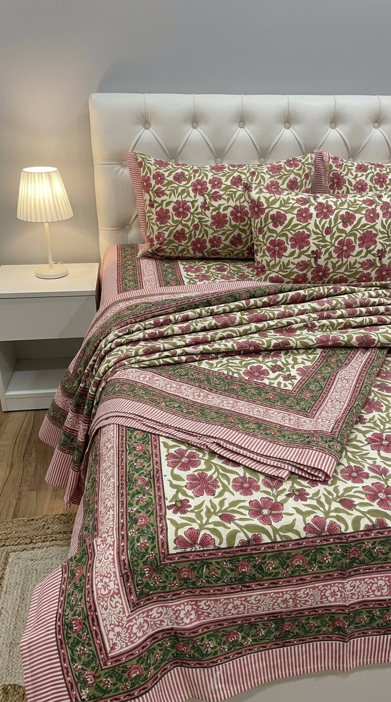 Cream & Magenta Pink Green Floral Sanganeri hand block print cotton bedsheet set | Jaipur Indian hand block print bedsheet with pillow shams | House of Avana