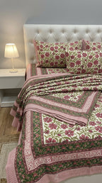 Cream & Magenta Pink Green Floral Sanganeri hand block print cotton bedsheet set | Jaipur Indian hand block print bedsheet with pillow shams | House of Avana