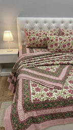 Cream & Magenta Pink Green Floral Sanganeri hand block print cotton bedsheet set | Jaipur Indian hand block print bedsheet with pillow shams | House of Avana [[SKU:HOA-IND-BS-MGGN-003]]
