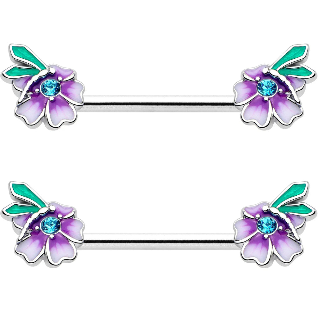 14G 9/16 Blue Gem Faerie Flower Purple Barbell Nipple Ring Set