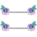 14G 9/16 Blue Gem Faerie Flower Purple Barbell Nipple Ring Set
