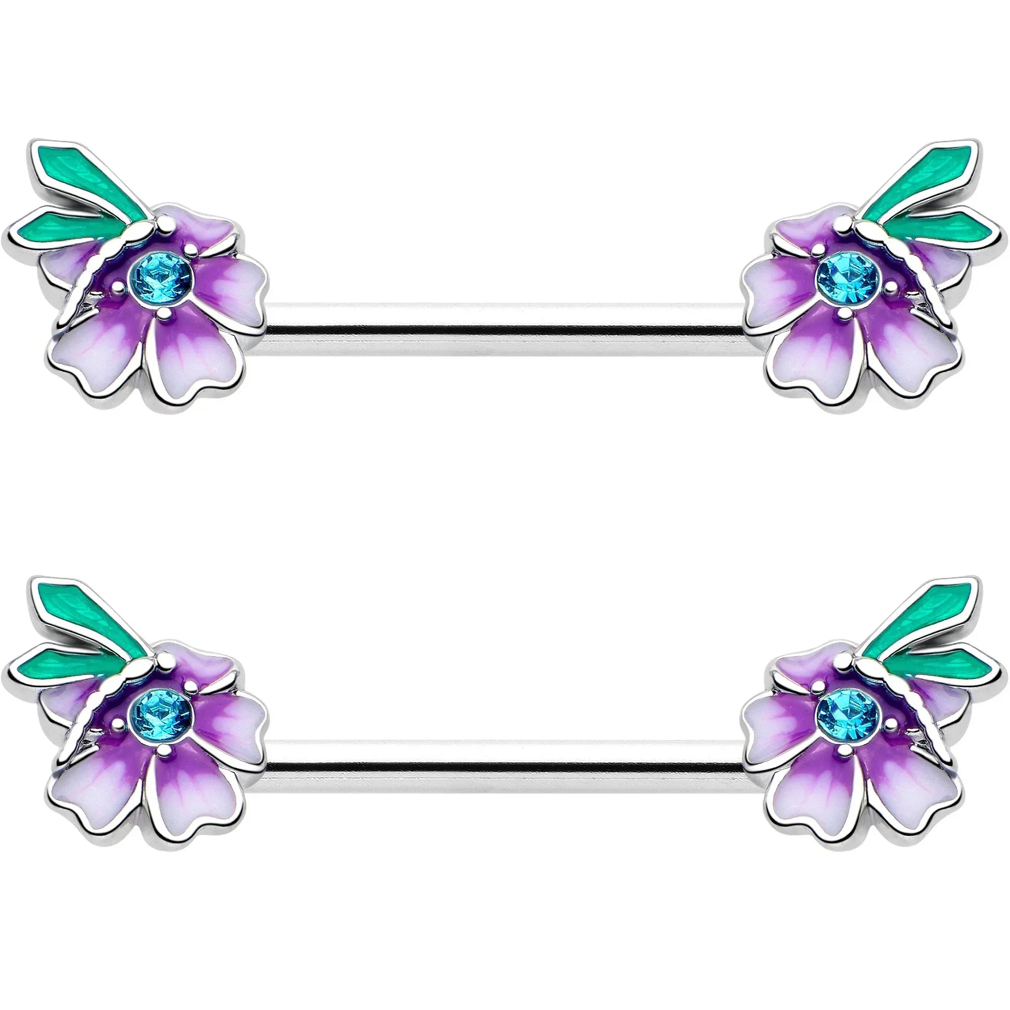 14G 9/16 Blue Gem Faerie Flower Purple Barbell Nipple Ring Set