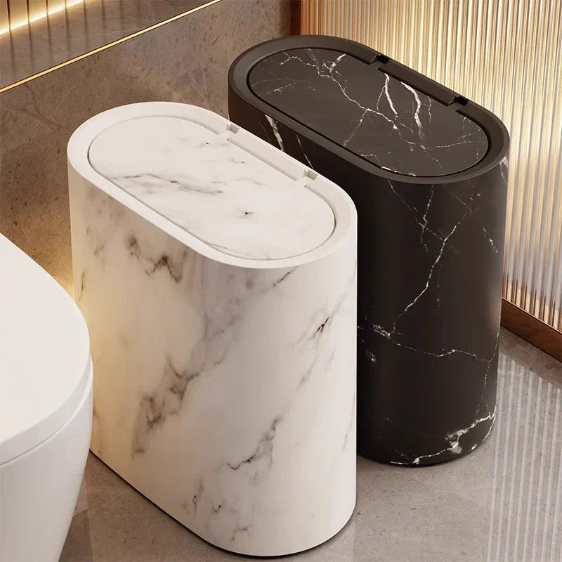 [14L Marble Trash Bin] Compact 14L/3.7gal Marble and Wood Grain Plastic Corner Trash Bin with Lid | Square Odor-Sealing Design, No Electricity Needed for Toilet, Hotel, Homestay, Kitchen, Living Room House Of Avana