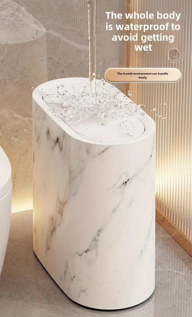 [14L Marble Trash Bin] Compact 14L/3.7gal Marble and Wood Grain Plastic Corner Trash Bin with Lid | Square Odor-Sealing Design, No Electricity Needed for Toilet, Hotel, Homestay, Kitchen, Living Room House Of Avana