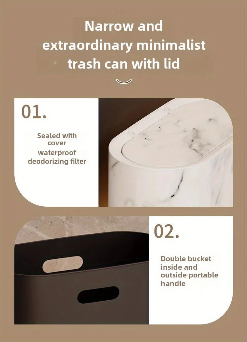[14L Marble Trash Bin] Compact 14L/3.7gal Marble and Wood Grain Plastic Corner Trash Bin with Lid | Square Odor-Sealing Design, No Electricity Needed for Toilet, Hotel, Homestay, Kitchen, Living Room House Of Avana