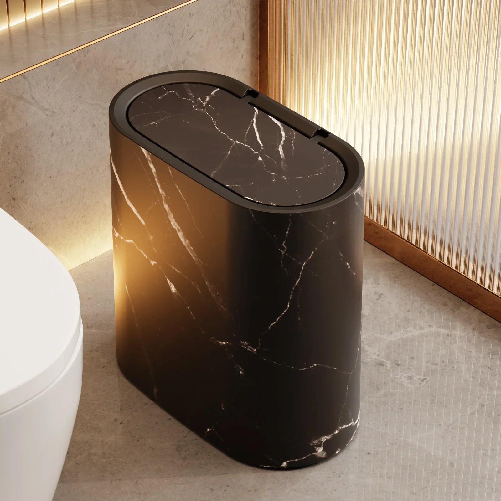 [14L Marble Trash Bin] Compact 14L/3.7gal Marble and Wood Grain Plastic Corner Trash Bin with Lid | Square Odor-Sealing Design, No Electricity Needed for Toilet, Hotel, Homestay, Kitchen, Living Room House Of Avana