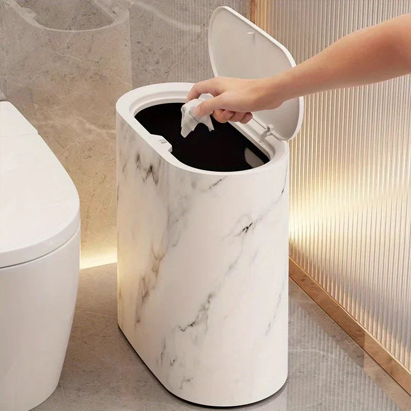 [14L Marble Trash Bin] Compact 14L/3.7gal Marble and Wood Grain Plastic Corner Trash Bin with Lid | Square Odor-Sealing Design, No Electricity Needed for Toilet, Hotel, Homestay, Kitchen, Living Room House Of Avana