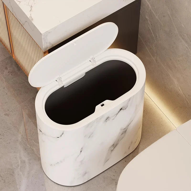 [14L Marble Trash Bin] Compact 14L/3.7gal Marble and Wood Grain Plastic Corner Trash Bin with Lid | Square Odor-Sealing Design, No Electricity Needed for Toilet, Hotel, Homestay, Kitchen, Living Room House Of Avana