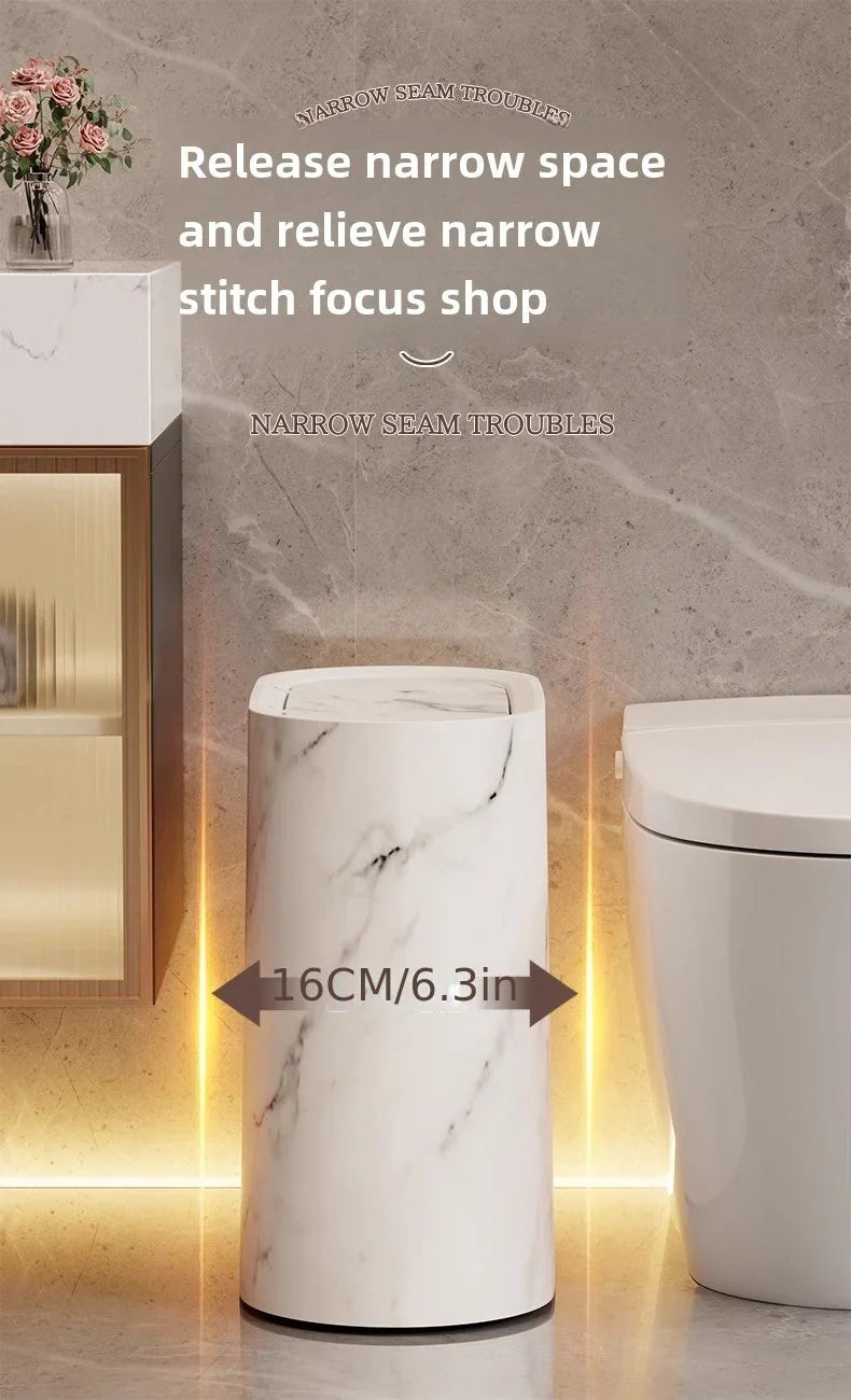 [14L Marble Trash Bin] Compact 14L/3.7gal Marble and Wood Grain Plastic Corner Trash Bin with Lid | Square Odor-Sealing Design, No Electricity Needed for Toilet, Hotel, Homestay, Kitchen, Living Room House Of Avana