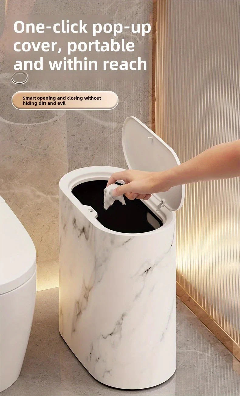 [14L Marble Trash Bin] Compact 14L/3.7gal Marble and Wood Grain Plastic Corner Trash Bin with Lid | Square Odor-Sealing Design, No Electricity Needed for Toilet, Hotel, Homestay, Kitchen, Living Room House Of Avana