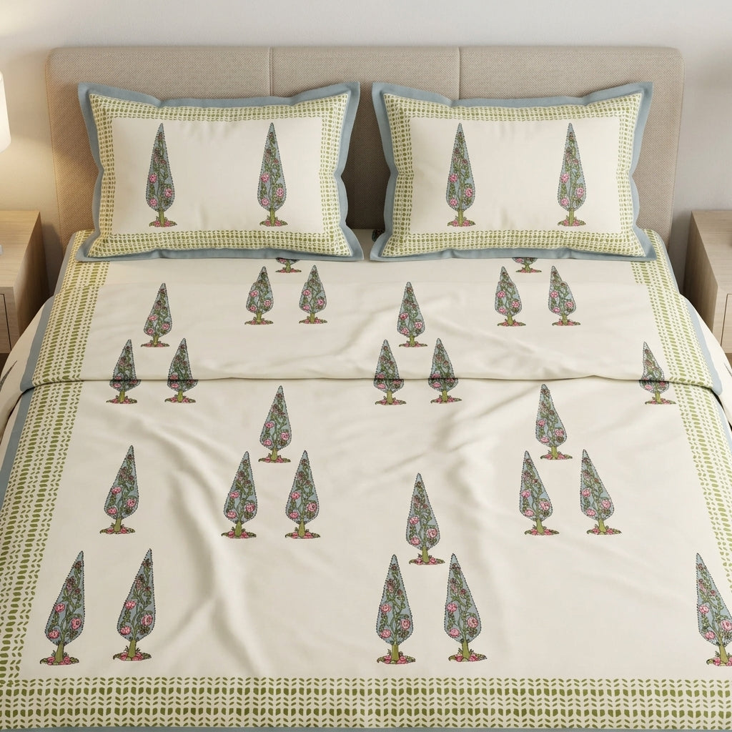 White & Green Cypress Tree Sanganeri hand block print cotton bedsheet set | Jaipur Indian hand block print bedsheet with pillow shams | House of Avana