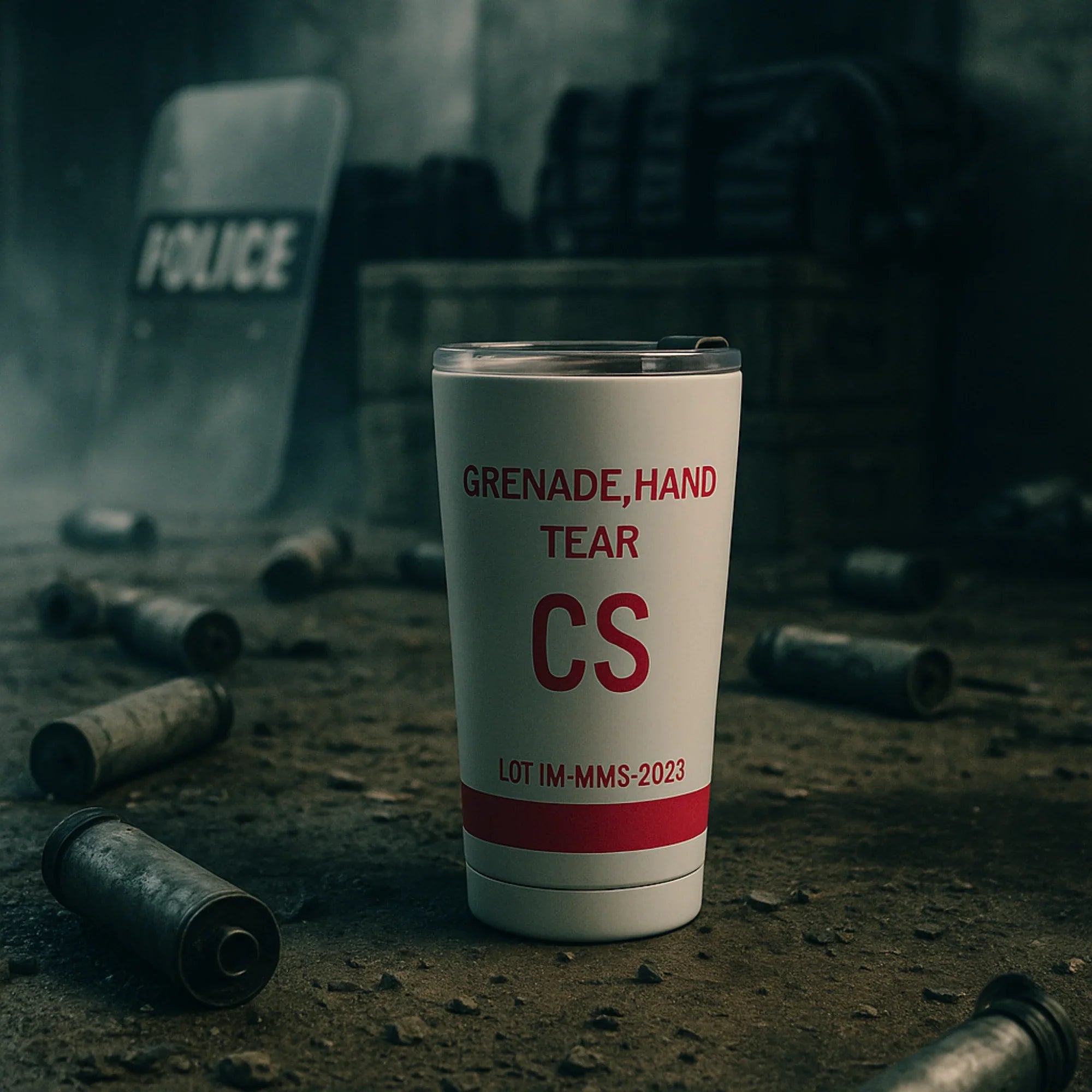 14oz Tear Gas Grenade Tumbler - Military Inspired Insulated Drinkware, front view - House Of Avana