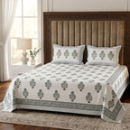 White & Grey Sage Green Buti Sanganeri hand block print cotton bedsheet set | Jaipur Indian hand block print bedsheet with pillow shams | House of Avana