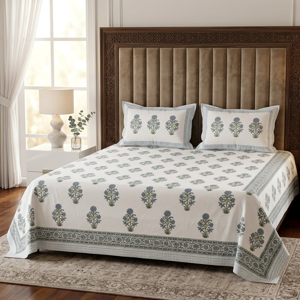 White & Grey Sage Green Buti Sanganeri hand block print cotton bedsheet set | Jaipur Indian hand block print bedsheet with pillow shams | House of Avana