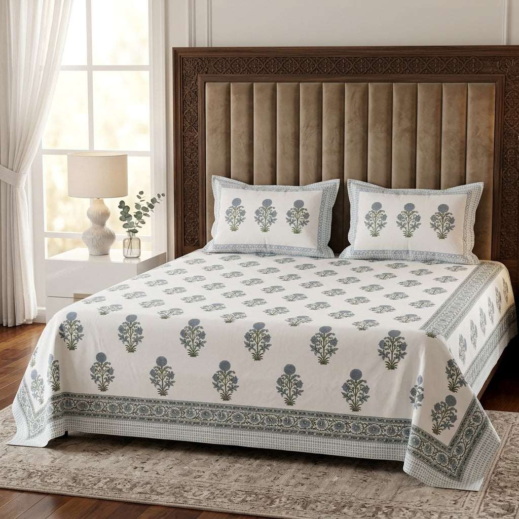 White & Grey Sage Green Buti Sanganeri hand block print cotton bedsheet set | Jaipur Indian hand block print bedsheet with pillow shams | House of Avana [[SKU:HOA-IND-BS-GYGN-013]]