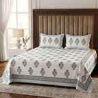 White & Grey Sage Green Buti Sanganeri hand block print cotton bedsheet set | Jaipur Indian hand block print bedsheet with pillow shams | House of Avana [[SKU:HOA-IND-BS-GYGN-013]]