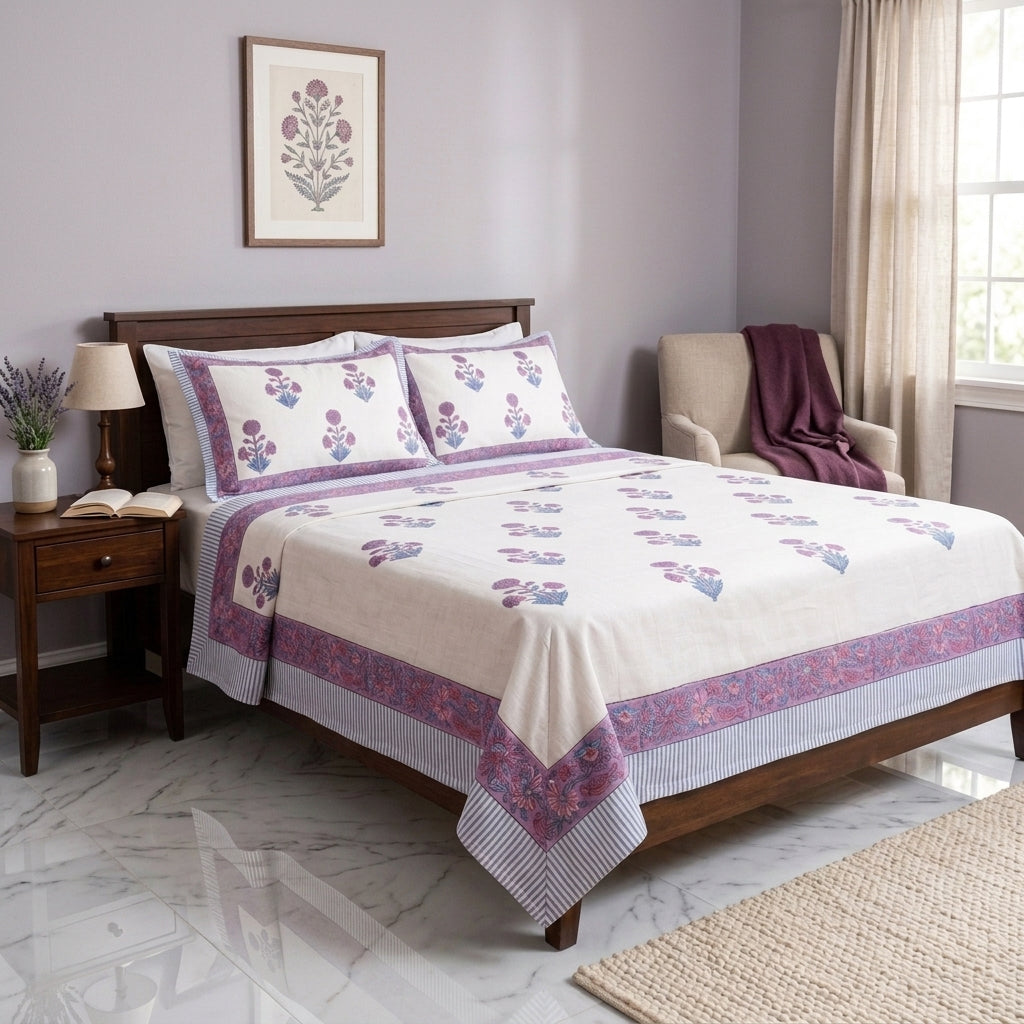 Cream & Purple Blue Mughal Floral Sanganeri hand block print cotton bedsheet set | Jaipur Indian hand block print bedsheet with pillow shams | House of Avana