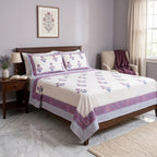 Cream & Purple Blue Mughal Floral Sanganeri hand block print cotton bedsheet set | Jaipur Indian hand block print bedsheet with pillow shams | House of Avana