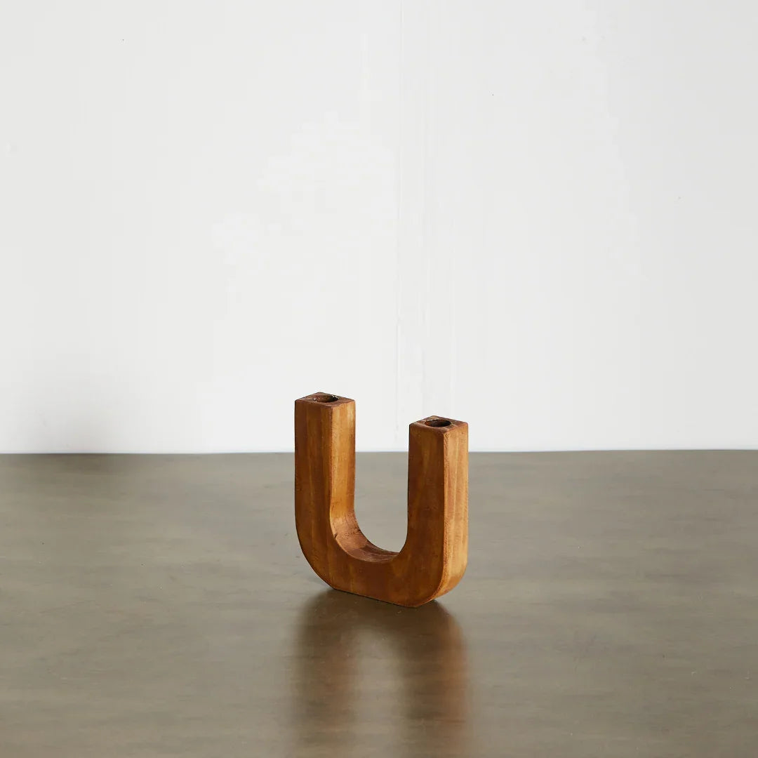 U-Shaped Wooden Double Taper Candlestick Holder Kanju Interiors